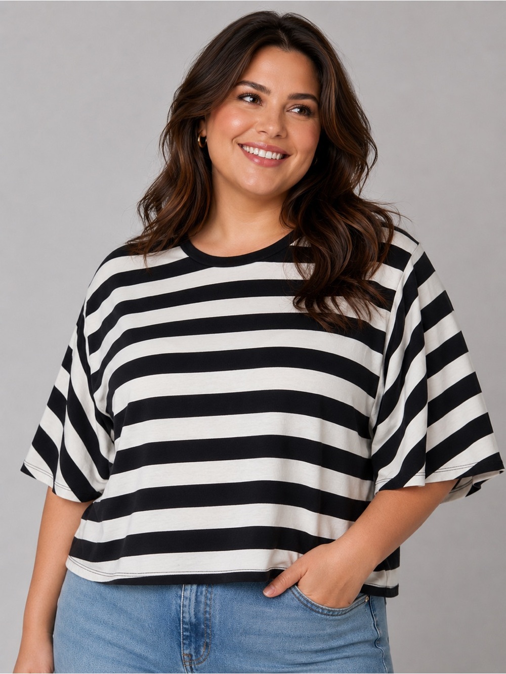 Who What Wear Women’s Plus-Size 1X Black & Cream Striped Flowy Sleeve Blouse